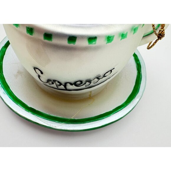 Vintage Espresso Cup Glass Christmas Tree Ornament with Saucer White Green Trim - Picture 4 of 9